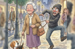 Elderly woman was out strolling her dog