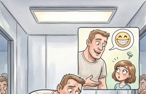 A skinny little lady goes into a lift,