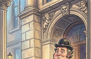 A blind boy sat on the steps of a building with a hat by his feet.