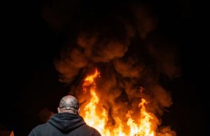 I dialed 911 in a panic as my neighbor’s terrifying, scarred pit bull charged into my burning house—but what that “monster” was actually doing inside the smoke left me sobbing on my knees as the roof collapsed.