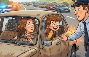 Little Johnny’s Mom Driving Her Car On The Highway.