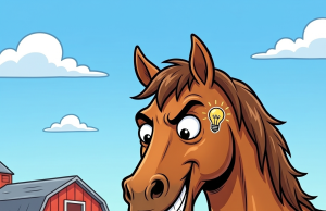 A horse and a chicken are playing in a meadow.