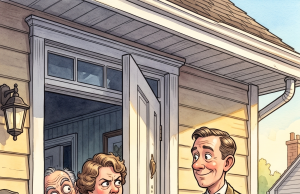 A woman hears a knock at the door.